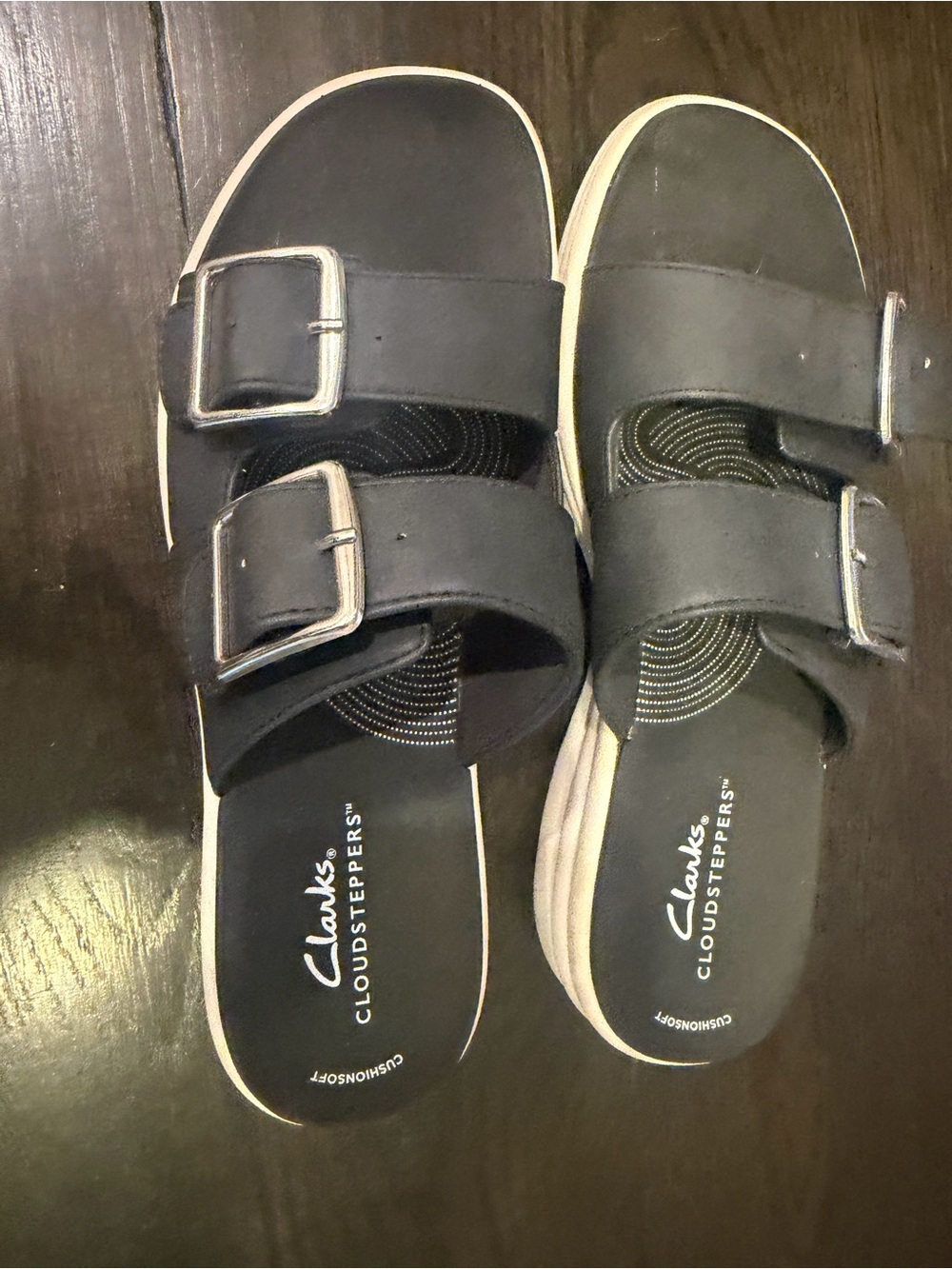 Clarks Women's Black Dual-Buckle Cloudsteppers Slide Sandals